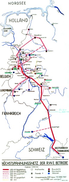 Das Bild zeigt eine handgezeichnete Karte des Höchstspannungsnetzes der RWE aus dem Jahre 1930