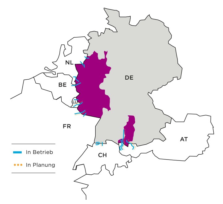 Landkarte mit den Interkonnektoren, die das Amprion-Netz mit den Übertragungsnetzen der Nachbarländer verbinden