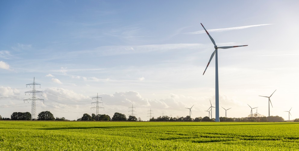 Windpark mit mehreren Windkraftanlagen und Hochspannungsmasten in einem grünen Feld unter bewölktem Himmel.