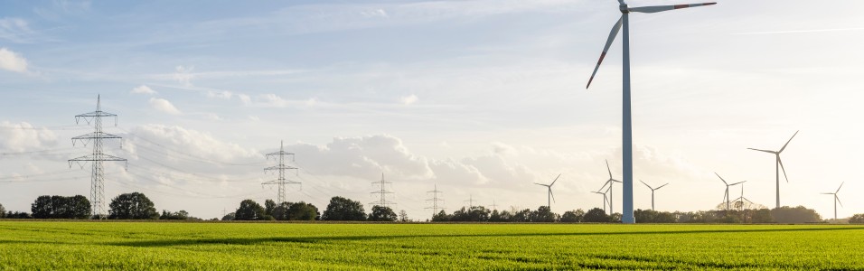 Windpark mit mehreren Windkraftanlagen und Hochspannungsmasten in einem grünen Feld unter bewölktem Himmel.