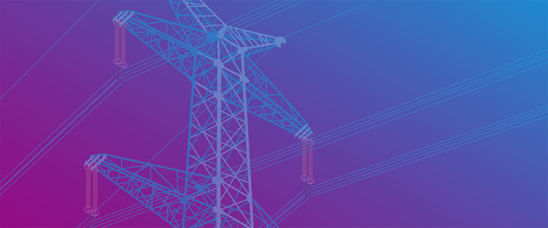 Drahtgitterzeichnung eines Hochspannungsmasts vor einem Verlaufshintergrund in Blau- und Violetttönen als Headerbild