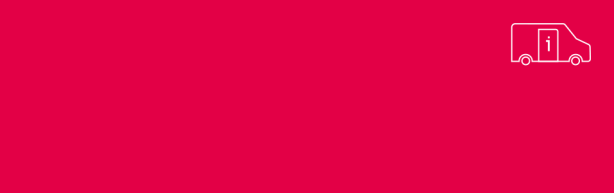 Die Grafik zeigt unser Informationsmobil stilisiert in weißer Farbe auf rotem Grund. 