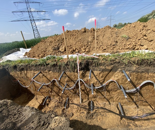 Freigelegte Erdschicht mit vielen verlegten Kabeln in einer Baugrube. Dahinter ein Erdwall, im Hintergrund Felder und Strommasten. Das Bild dokumentiert bodenschonende Maßnahmen beim Stromnetzausbau.