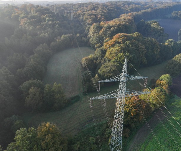 Ein einzelner Hochspannungsmast steht auf einer Lichtung inmitten einer grünen, hügeligen Landschaft mit Wald und Feldern. Die Szene ist herbstlich und in weichem Licht aufgenommen.