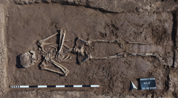 Draufsicht einer archäologischen Ausgrabung eines einzelnen, freigelegten menschlichen Skeletts in gestreckter Rückenlage. Unten rechts befindet sich eine schwarze Fundtafel mit der Aufschrift „N12025/1008, 82-9, 03 08 2026“ und einem Nordpfeil.