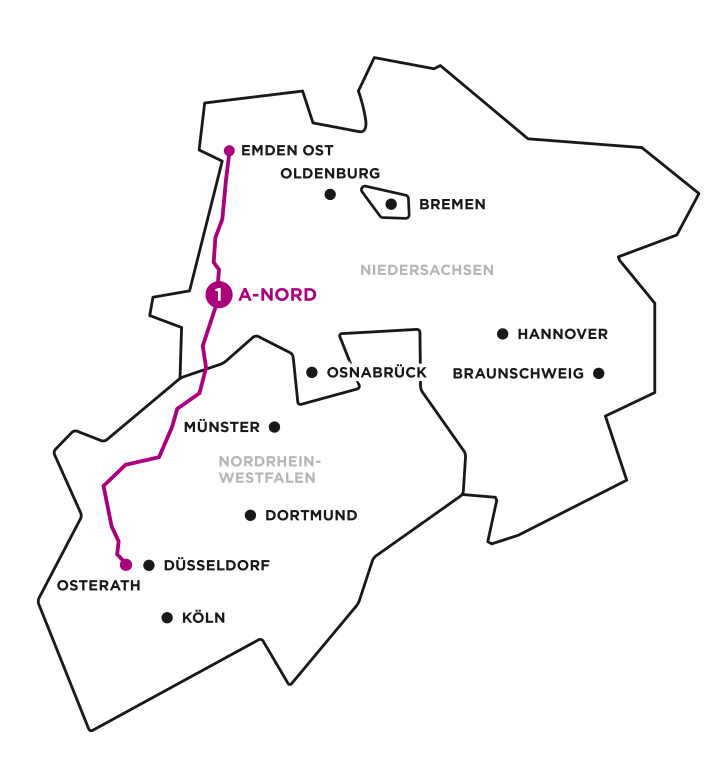 Karte mit dem Trassenverlauf der A-Nord Stromverbindung von Emden Ost nach Osterath durch Niedersachsen und Nordrhein-Westfalen.