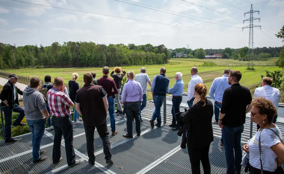 Die Fotografie zeigt eine Gruppe von etwa zehn erwachsenen Personen, die sich auf einer erhöhten Aussichtsplattform mit Gitterboden versammelt haben. Die meisten Personen blicken in die Ferne, auf eine offene Wiesenlandschaft, die von einem Waldstück gesäumt wird. Im rechten Teil des Hintergrunds dominiert ein hoher, metallener Freileitungsmast (Gittermast) mit Hochspannungsleitungen die Szene. Die Szenerie findet unter einem bewölkten Himmel statt.
