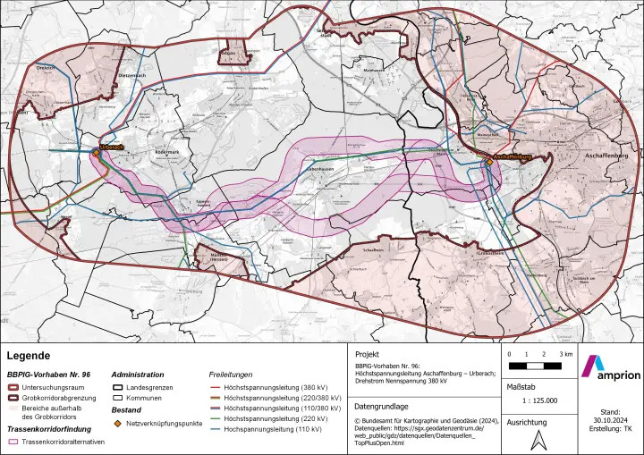Die Karte zeigt den Trassenkorridorfindung für das BBPIG-Vorhaben Nr. 96, die Höchstspannungsleitung Aschaffenburg - Überbach (Drehstrom Freileitung 380 kV).
Die Karte ist in verschiedene Bereiche und Linien unterteilt, die in der Legende links unten erklärt werden. Der "Untersuchungsraum" ist durch eine breite, gestrichelte braune Linie begrenzt. Innerhalb dieses Raumes ist die "Großkorridorabgrenzung" als breitere, durchgezogene violette Linie dargestellt. Die "Bereiche außerhalb des Großkorridors" sind hellrosa hervorgehoben.
Der "Trassenkorridorfindung" ist als schmalere, durchgezogene violette Linie innerhalb des Großkorridors eingezeichnet. Eine dünnere, gestrichelte violette Linie stellt "Trassenkorridoralternativen" dar.
Administrative Grenzen wie "Landesgrenzen" (dicke schwarze Linien) und "Kommunen" (dünne schwarze Linien) sind ebenfalls auf der Karte verzeichnet. Rote Punkte markieren "Netzverknüpfungspunkte".
Im Bereich der Freileitungen sind verschiedene Spannungsebenen dargestellt:
Höchstspannungsleitung (380 kV) als dicke rote Linie
Höchstspannungsleitung (220/380 kV) als dicke blaue Linie
Höchstspannungsleitung (110/380 kV) als dicke grüne Linie
Höchstspannungsleitung (220 kV) als dünne blaue Linie
Höchstspannungsleitung (110 kV) als dünne grüne Linie Bestehende Leitungen sind durchgezogen, geplante oder im Bau befindliche Leitungen sind gestrichelt dargestellt.
Die Karte zeigt geografische Details wie Städte und Gemeinden (schwarze Schrift), Flüsse (blaue Linien) und Straßen (dünne graue Linien). Im Nordwesten ist "Großkrotzenburg" und im Osten "Aschaffenburg" deutlich erkennbar. Der Main-Fluss schlängelt sich durch das Gebiet.
Rechts oben befindet sich ein Maßstab (0, 1, 2, 3 km) und darunter der Maßstab als Zahl (1:125.000). Ein Nordpfeil ist ebenfalls eingezeichnet. Rechts unten sind das Amprion-Logo und Informationen zum Stand der Karte (30.10.2024) und der Erstellung (TK) vermerkt. Unter "Datengrundlage" werden verschiedene Quellen genannt, darunter das Bundesamt für Kartographie und Geodäsie (BKG).
Die Karte dient der Visualisierung des geplanten Trassenverlaufs einer 380-kV-Höchstspannungsleitung im Raum Aschaffenburg und Überbach unter Berücksichtigung verschiedener Faktoren und Alternativen.