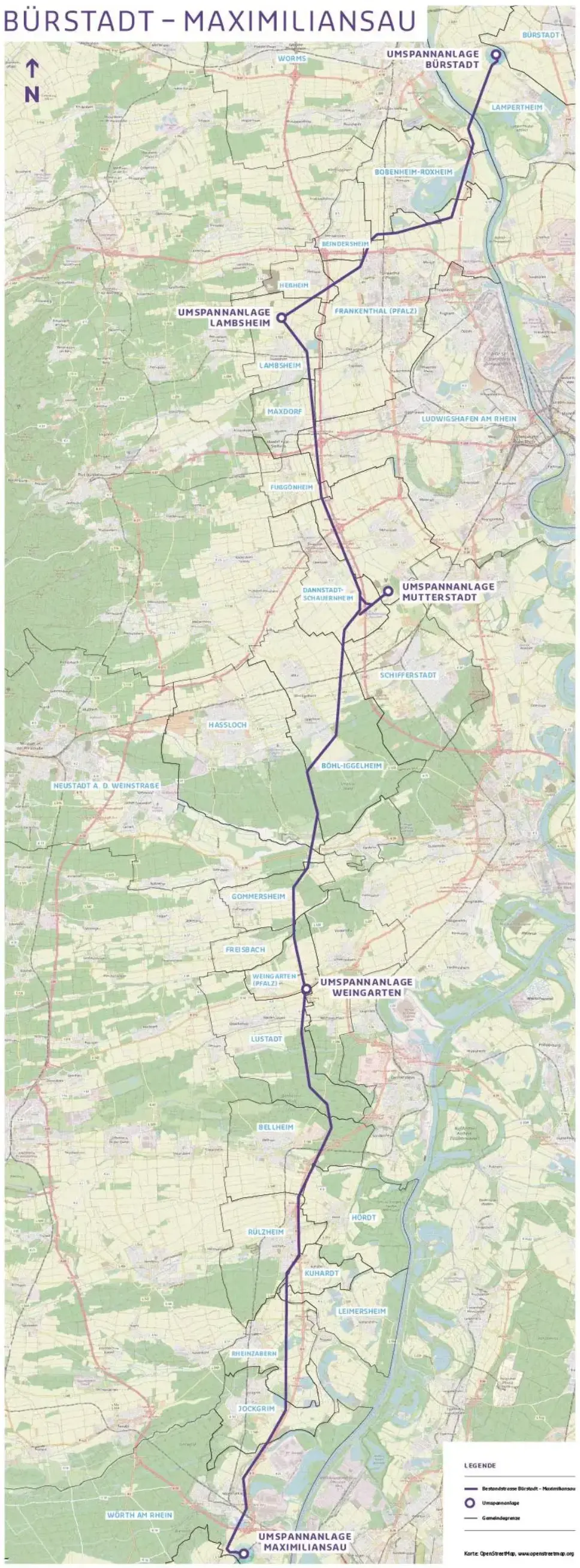 Die Karte visualisiert den räumlichen Verlauf einer 220-kV-Hochspannungsleitung, die die Umspannanlagen in Bürstadt und Maximiliansau miteinander verbindet. Die Leitung führt durch verschiedene Ortschaften und über unterschiedliches Terrain. Die eingezeichneten Umspannanlagen deuten auf wichtige Knotenpunkte im Stromnetz hin. 