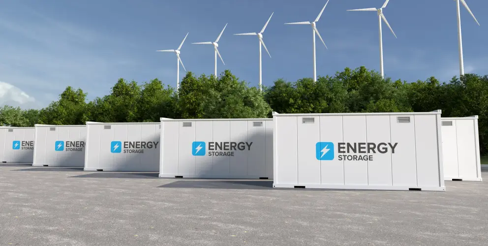 Das Bild ist eine 3D-Illustration einer modernen Anlage, die die Integration von Batteriespeichersystemen (BESS) und Windenergie demonstriert, eine Schlüsseltechnologie für die Energiewende. 
Visuelle Details
Vordergrund: Eine Reihe großer, weißer Container, die als industrielle Batteriespeicher dienen. Auf den Containern ist prominent das Logo „ENERGY STORAGE“ mit einem stilisierten Blitz abgebildet.
Hintergrund: Hinter einer Baumreihe erstreckt sich ein Windpark mit mindestens sechs großen Windkraftanlagen, deren Rotorblätter sich drehen und so Strom erzeugen.