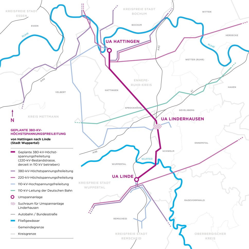 Die Karte stellt die geplante 380-kV-Höchstspannungsfreileitung von Hattingen nach Linde (Wuppertal) dar. Sie zeigt den Verlauf der neuen lila markierten Trasse sowie bestehende Hochspannungsleitungen (blau, grün, dünn lila), Bahntrassen (gestrichelt lila) und Umspannanlagen (lila Kreise in Hattingen, Linderhausen, Linde). Städte, Flüsse und administrative Grenzen sind ebenfalls abgebildet.