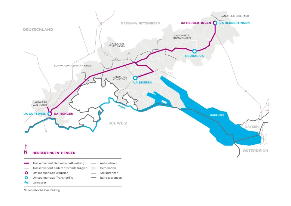 Eine schematische Karte des Stromtrassenverlaufs der Gemeinschaftsleitung Herbertingen-Tiengen im südlichen Deutschland und an der Grenze zur Schweiz. Die Haupttrasse (magenta Linie) verläuft durch die Landkreise Tuttlingen, Sigmaringen, Konstanz, Waldshut und den Schwarzwald-Baar-Kreis, verbindet mehrere Umspannanlagen (Amprion und TransnetBW) und überquert den Rhein. Die Legende erklärt Autobahnen, Gemeinden, Kreis- und Bundesgrenzen sowie Gewässer wie den Bodensee