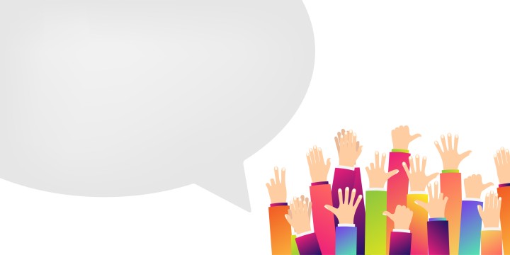 Illustration einer großen Sprechblase, daneben sind viele Hände in die Höhe gehoben.
(c) iStock-1413062796