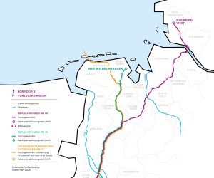 Schematische Karte Nordwestdeutschlands zum Korridor B (März 2026). Sie zeigt die Vorzugskorridore der Stromtrassen-Vorhaben Nr. 48 (lila) und Nr. 49 (türkis) sowie das Offshore-System Kusenhorst (orange). Die Trassen verlaufen von der Nordsee (Heide/West und Wilhelmshaven) bis ins Ruhrgebiet (Kusenhorst, Polsum, Hamm).