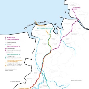 Schematische Karte Nordwestdeutschlands zum Korridor B (März 2026). Sie zeigt die Vorzugskorridore der Stromtrassen-Vorhaben Nr. 48 (lila) und Nr. 49 (türkis) sowie das Offshore-System Kusenhorst (orange). Die Trassen verlaufen von der Nordsee (Heide/West und Wilhelmshaven) bis ins Ruhrgebiet (Kusenhorst, Polsum, Hamm).
