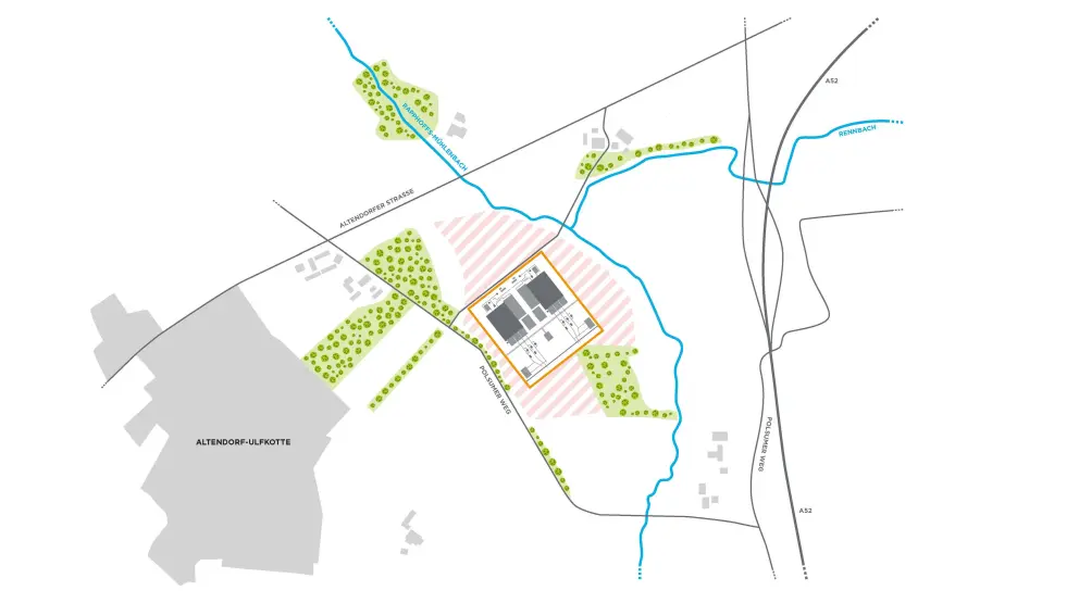 Die Abbildung zeigt eine Draufsicht, die durch Linien, farbige Flächen und Textelemente strukturiert ist.
Verkehrswege und Gewässer
Straßen: Die Altendorfer Straße verläuft diagonal von Nordwesten nach Südosten. Der Polsumer Weg kreuzt diese und führt von Südwesten nach Nordosten. Im Osten verläuft eine größere, geschwungene Linie, die als AS2 beschriftet ist.
Gewässer: Zwei blaue Linien repräsentieren Gewässer: Der Nuhlenbach (gestrichelt) und der Tennbach (durchgezogen).
Flächen und Bereiche
Beschriftete graue Flächen: Im Südwesten befindet sich eine große graue, unregelmäßig geformte Fläche, beschriftet mit "Altendorf-Ulfkotte".
Zentrale Planungsflächen: Im Zentrum der Grafik liegen mehrere definierte Bereiche:
Eine große Fläche ist mit violetten diagonalen Streifen schraffiert und trägt die Beschriftung „Planungsflächen Tennet“.
Innerhalb dieser Fläche befindet sich ein kleineres Rechteck mit einer orangen Umrandung, beschriftet als „Planungsfläche Amprion“.
Grünflächen: Verschiedene unregelmäßige, hellgrüne Flächen, gefüllt mit stilisierten Baum-Symbolen, sind im gesamten Bild verteilt. Sie umgeben die zentralen Flächen und liegen entlang der Straßen und Bäche.