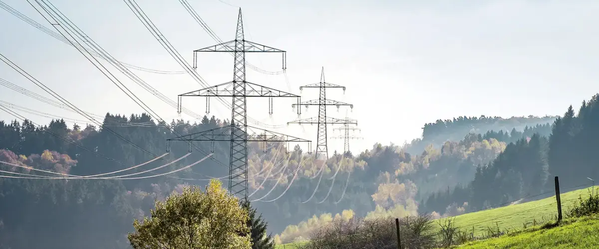 Zwei große Hochspannungsmasten in einer hügeligen, bewaldeten Landschaft.