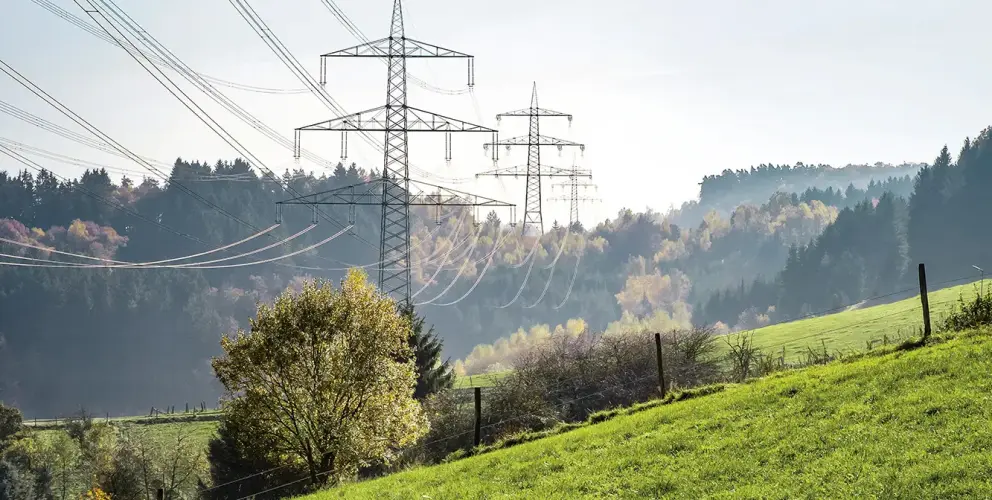 Zwei große Hochspannungsmasten in einer hügeligen, bewaldeten Landschaft.