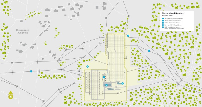 Eine ähnliche schematische Darstellung der aktuellen Anlage wie in Bild 3, jedoch mit einer geringeren Anzahl von Schaltanlagen und Transformatoren. Der Vergleich mit dem geplanten Endausbau zeigt die Erweiterung der Infrastruktur.