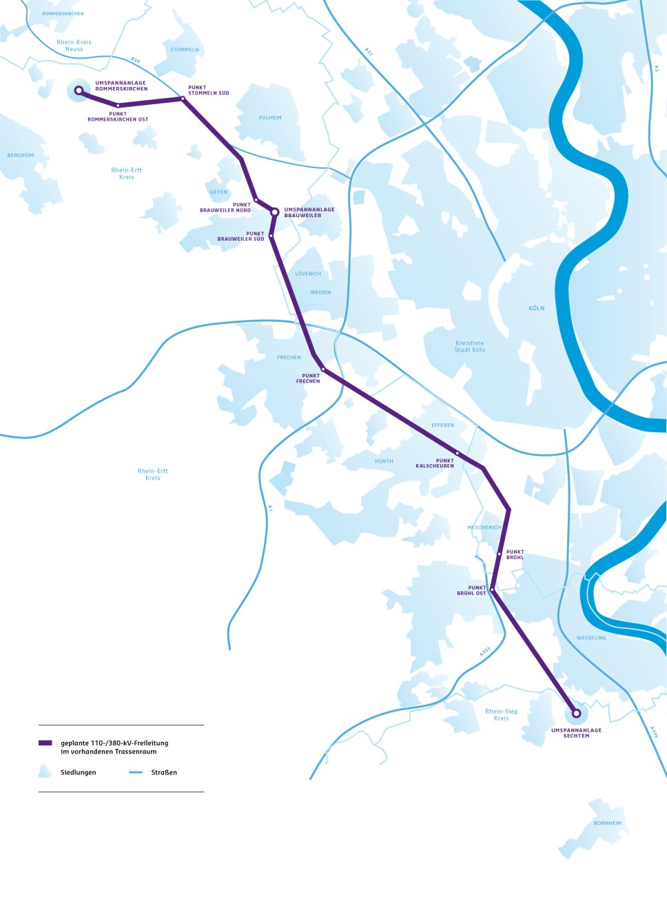 Die Karte zeigt den geplanten Verlauf einer 110-/380-kV-Freileitung (dicke violette Linie) in einem bestehenden Trassenraum. Die Linie beginnt im Nordwesten an der "UMSPANNANLAGE ROMMERSKIRCHEN OST" und verläuft in südöstlicher Richtung, vorbei an verschiedenen Punkten wie "PUNKT SINSTEDEN", "PUNKT BROICHAUSEN", "UMSPANNANLAGE BRAUWEILER", "PUNKT FRECHEN", "PUNKT KÖLN-MARSDORF", "PUNKT BRÜHL-OST" und endet schließlich im Südosten an der "UMSPANNANLAGE LECHTER".
Entlang der Trasse sind mehrere Ortschaften und Punkte in schwarzer Schrift eingezeichnet. Im Hintergrund sind Siedlungsflächen (hellblaue Bereiche) und Straßen (dünne blaue Linien) schematisch dargestellt. Der Rhein ist als breiter, gewundener blauer Fluss im Osten der Karte erkennbar.
Eine Legende am unteren linken Rand erklärt die violette Linie als "geplante 110-/380-kV-Freileitung im vorhandenen Trassenraum". Darunter sind Symbole für Siedlungen (hellblaue Flächen) und Straßen (dünne blaue Linien) aufgeführt. Die Karte ist auf einem weißen Hintergrund gezeichnet.