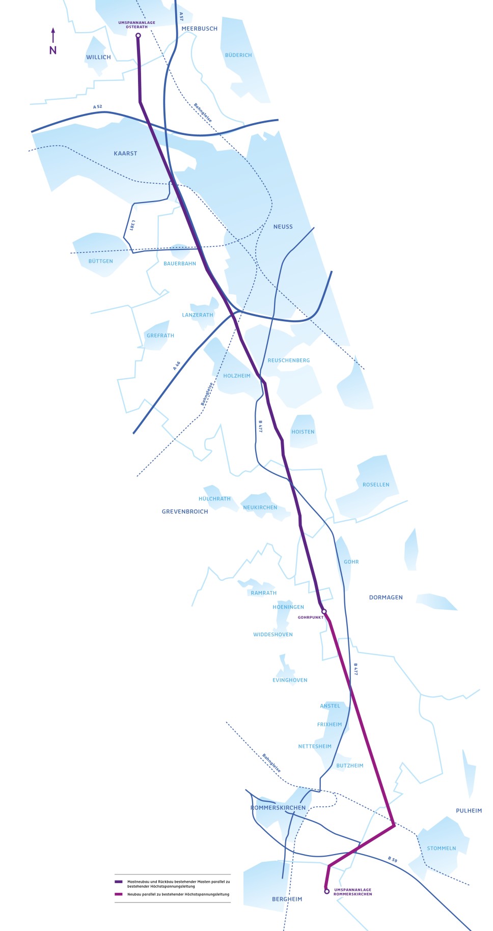 Die Karte zeigt den geplanten Trassenverlauf einer Stromleitung (rotviolette Linie) und eine alternative Trasse (dünne graue Linie) in einer Region mit verschiedenen Ortschaften und Gewässern. Ein Nordpfeil ist oben links eingezeichnet.
Die Haupttrasse (rotviolett) beginnt im Norden bei "OBERKRÜCHTEN" und verläuft in südlicher Richtung, vorbei an "WILLICH", "KAARST", "NEUSS", "HOLZHEIM", "GREVENBROICH", "ROMMERSKIRCHEN", "DORMAGEN", "NIEVENHEIM", "NORF", "GRIMLINGHAUSEN", "DÜSSELDORF" (nur am östlichen Rand berührt), "NEERBUSCH", "BÜDERICH", "HEERDT", "OBERKASSEL", "LÖRRICHS", "NIEDERKASSEL", "STOCKUM", "WITTLAER", "ANGEMUND", "HUCKINGEN", "KALKUM", "RATINGEN", "BREITSCHEID", "HOSEL", "ESSEN-WERDEN" (am westlichen Rand), "KETTWIG", "FISCHLAKEN", "WERDEN", "SCHLOSS HUGENPOET", "ESSEN-BYFANG", "ESSEN-KRAY", "ESSEN-FREISENBRUCH", "ESSEN-HORST", "GELSENKIRCHEN-ROTHAUSEN", "HERTEN", "RECKLINGHAUSEN-SÜD" und endet schließlich im Süden bei "UMSPANNWERK BERGHEIM".
Die alternative Trasse (dünn grau) zweigt im nördlichen Bereich von der Haupttrasse ab und verläuft westlicher, bevor sie sich weiter südlich wieder mit der Haupttrasse vereint.
Die Karte zeigt auch verschiedene Gewässer in hellblau, darunter den Rhein, die Erft und kleinere Seen oder Wasserflächen. Städte und Ortschaften sind in schwarzer Schrift eingezeichnet. Autobahnen und Bundesstraßen sind als dünne blaue Linien mit ihren Nummern (z.B. A52, A46, A57, A44, A3) dargestellt. Gemeindegrenzen sind als dünne, gestrichelte graue Linien erkennbar.
Eine Legende am unteren linken Rand erklärt die Bedeutung der rotvioletten Linie als "Bevorzugter Trassenkorridor" und der dünnen grauen Linie als "Alternativer Korridor (raumempfindlicher Bereich)". Die Karte ist auf einem weißen Hintergrund gezeichnet.