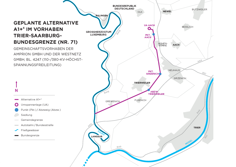 Die Karte zeigt eine geplante alternative Trassenführung (A1+*) für ein Gemeinschaftsvorhaben der Amprion GmbH und der Westnetz GmbH, eine 110-/380-kV-Höchstspannungsfreileitung im Bereich Trier-Saarburg-Bundesgrenze (Nr. 71).