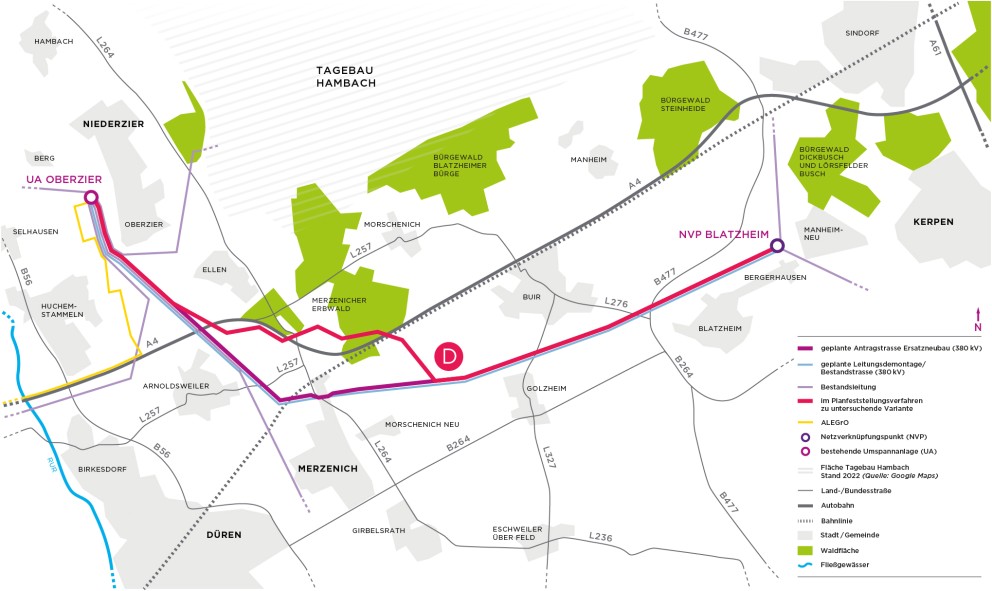Zusätzlich zur violetten Antragstrasse ist die Variante D (rot) eingezeichnet. Sie zweigt westlich von Golzheim ab, verläuft südlicher als die Antragstrasse und trifft bei Bergerhausen wieder auf den gleichen Endpunkt. Ein roter Kreis mit „D“ kennzeichnet die Variante. Karte enthält außerdem bestehende Leitungstrassen, Straßen, Orte und Waldflächen.