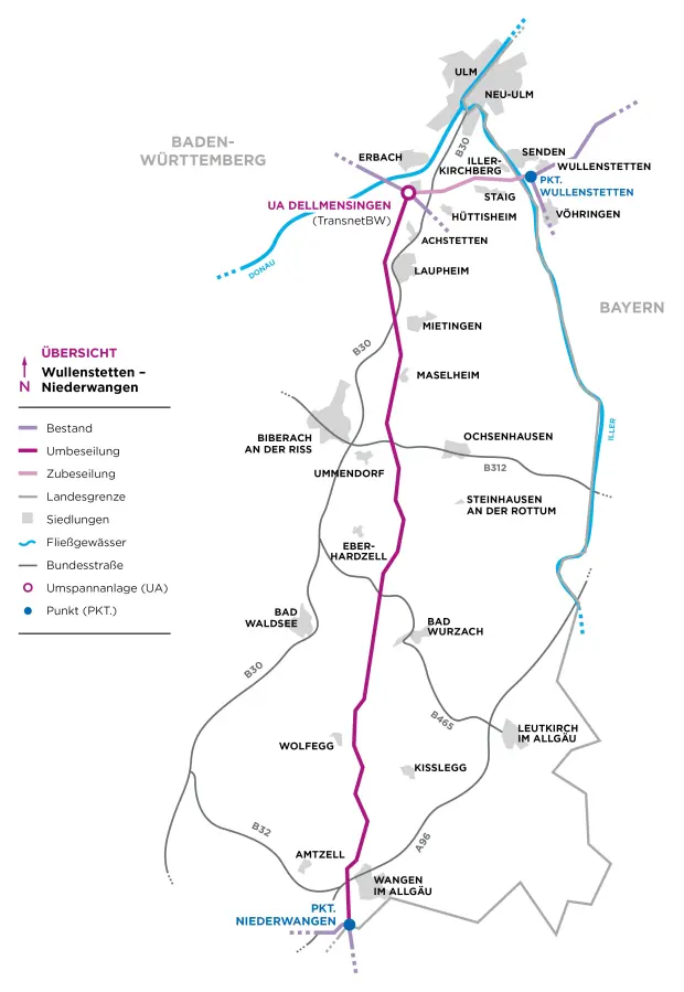 Die Karte zeigt das Netzausbauprojekt Wullenstetten – Niederwangen der Übertragungsnetzbetreiber Amprion und TransnetBW in Süddeutschland, das zur Verstärkung des Höchstspannungsnetzes dient.