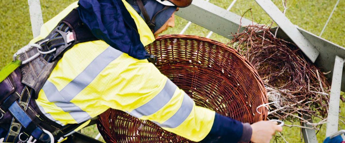 Ein Bastkorb auf einer Traverse wir von einem Monteur in Schutzausrüstung montiert.