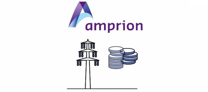 Das Bild ist ein Screenshot aus dem angekündigten Film. Es zeigt das Logo der Firma Amprion, darunter stilisiert einen Masten und Geldstücke.