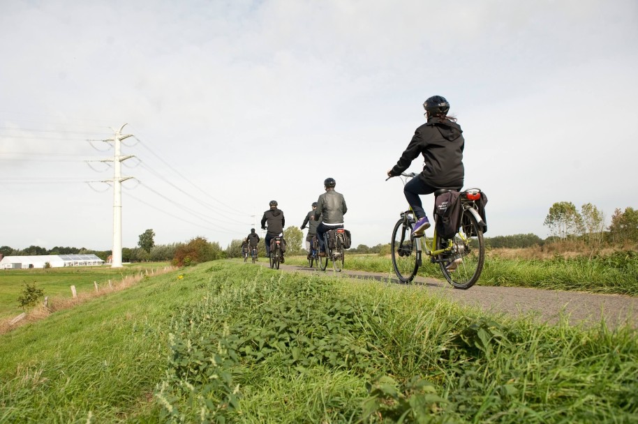 Das Bild zeigt vier dunkel gekleidete Fahrradfaherer auf einem grünen DAmm, im Hintergrund eine Trasse mit Vollwandmasten.
