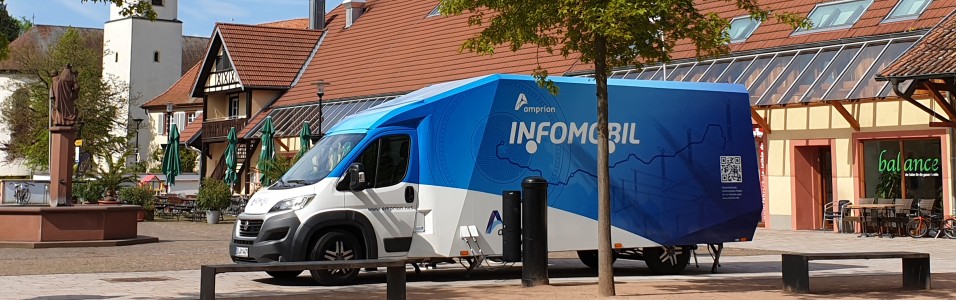 Das Bild zeigt das blau/weiße Infomobil auf einem Marktplatz.