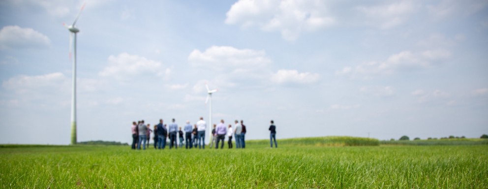 Menschen grüner Wiese vor Windmühlen.