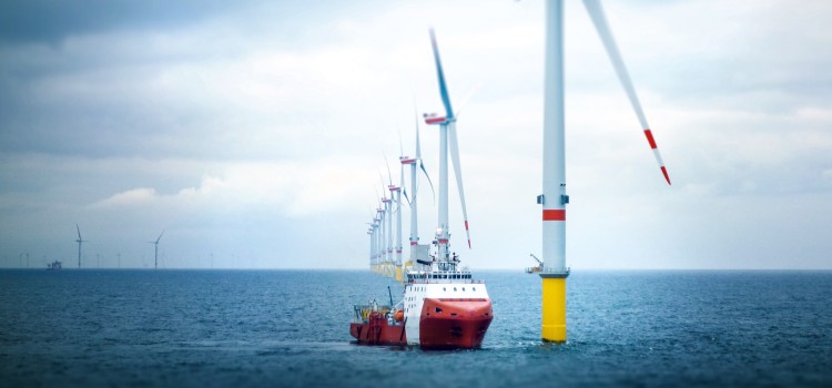 Das Bild zeigt ein Offshore-Schiff in einem Windpark.