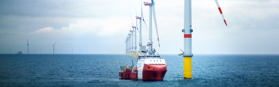 Das Bild zeigt ein Offshore-Schiff in einem Windpark.