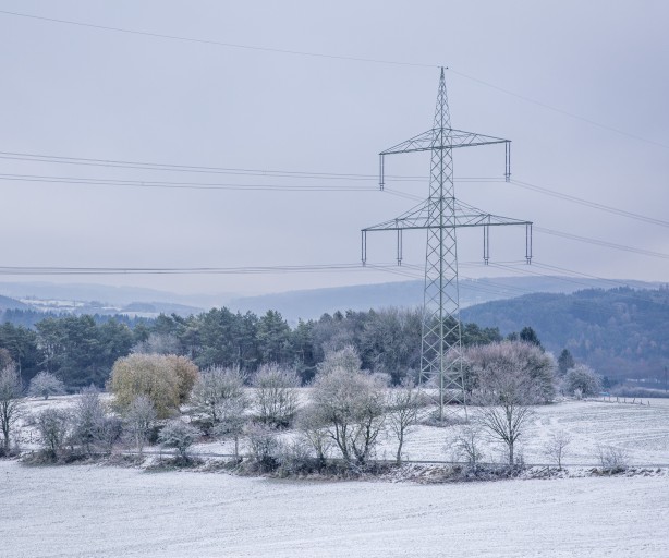 Hochspannungsmast in verschneiter Winterlandschaft mit Bäumen im Vordergrund und bewaldeten Hügeln im Hintergrund. Der Himmel ist bedeckt und grau. Die Szene wirkt ruhig und kühl.