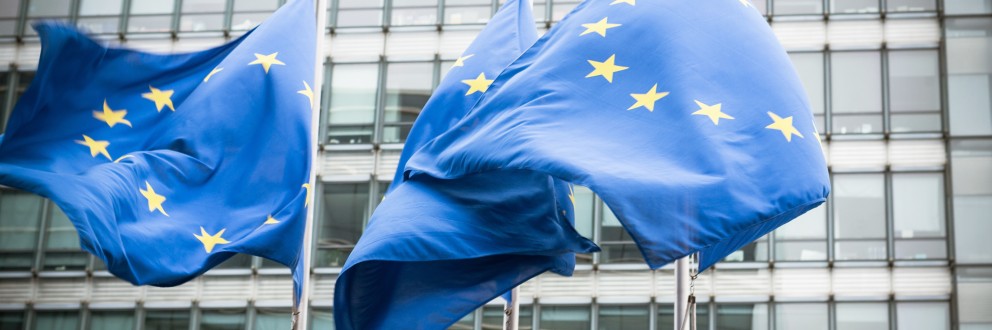 Drei Masten mit wehenden Europafahnen vor dem europäischen Parlamant.