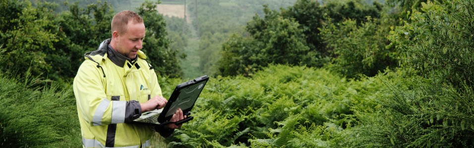 Ein Mann in einer gelben Warnjacke steht in einer grünen, bewaldeten Landschaft und schaut auf einen Laptop, den er in den Händen hält. Im Hintergrund sind mehrere große Strommasten und Stromleitungen unter einem hellgrauen Himmel zu sehen. Die Vegetation besteht hauptsächlich aus niedrigen Büschen und Bäumen.