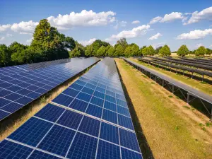 Blick in eine Reihe von Solarpanelen in einem PV-Park. Links und rechts sind weitere Reihen von Solarpanelen erkennbar. Die Panele stehen auf einer Wiese, die von Trockenheit etwas gelblich gefärbt ist. Im Hintergrund Bäume und ein blauer Himmel mit vereinzelten Wolken.