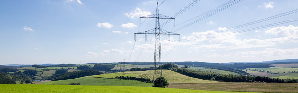 Das Bild zeigt die Masten einer Höchstspannungsleitung in einer hügeligen Landschaft aus Wiesen, Feldern und Wäldern. Es ist sonnig.