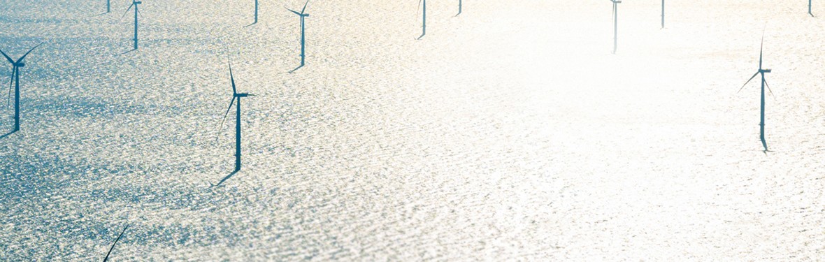 Ein extremes Querformat zeigt eine weitläufige Offshore-Windpark-Szenerie aus einer erhöhten Perspektive.
Hauptmotiv: Über die gesamte Breite des Bildes sind zahlreiche moderne Windkraftanlagen verteilt, die in den ruhigen Ozean gebaut sind. Die weißen Türme und Rotoren der Anlagen wirken filigran und ragen senkrecht aus dem Wasser.
Licht und Farbe: Das Bild ist in einem sehr hellen, fast überbelichteten Stil gehalten (High-Key). Von rechts oben fällt warmes, goldenes Sonnenlicht ein, das die Wasseroberfläche großflächig glitzern lässt und einen weichen Verlauf von zartem Orange zu kühlem Hellblau erzeugt.
Atmosphäre: Durch die weite Verteilung der Windräder und die helle, dunstige Lichtstimmung wirkt das Bild sehr weitläufig, technologisch fortschrittlich und ruhig. Der Horizont verschwimmt im hellen Lichtnebel.

