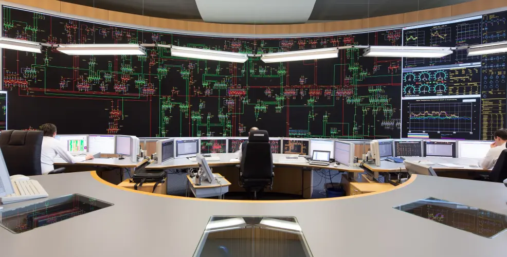 Es folgt eine Bildbeschreibung
Das Foto im Querformat stammt aus der Systemführung und  zeigt eines der wichtigsten Arbeitsmittel der Systemführung/Netzführung: das 18 Meter breite und sechs Meter hohe Rückmeldebild. Die neue Hauptschaltleitung von Amprion in Brauweiler bei Köln ist eine der modernsten Warten weltweit. 
Ende der Bildbeschreibung
