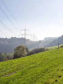 Stromtrasse mit mehreren Hochspannungsmasten, die über eine grüne Hügellandschaft mit Wiesen und Waldhängen führt. Im Hintergrund liegt leichter Dunst über den bewaldeten Hügeln.
