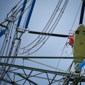 Das Foto aus der Froschperspektive zeigt einen unmittelbar neben der Leitung fliegenden, vierblättrigen Hubschrauber mit eingezogenem Fahrwerk. In der Tür des blauen Helikopters sitzt ein Monteur in rotem Overall, welche Vogelschutzmarkierungen anbringt.
