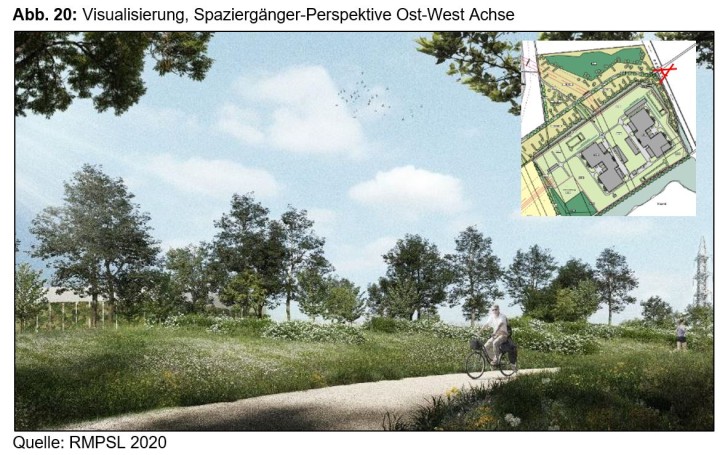 Amprion-Maßnahmenplan-Eingrünung der Konverteranlage in Osterath. Visualisierung der Spaziergaenger-Perspektive.
