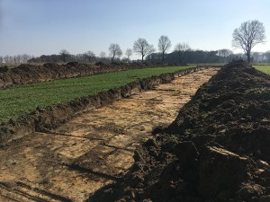 Eine großflächige Baustelle in einer ländlichen Umgebung. Ein breiter, ausgehobener Graben zieht sich durch eine grüne Wiese, mit aufgeschichteten Erdhügeln an beiden Seiten. Der freigelegte Boden zeigt unterschiedliche Schichten. Im Hintergrund stehen kahle Bäume vor einem klaren blauen Himmel, was auf eine Jahreszeit wie Spätwinter oder Frühling hindeutet.