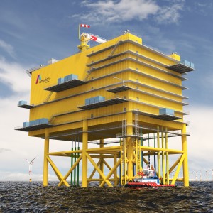 Gelbe Offshore-Plattform im Meer.