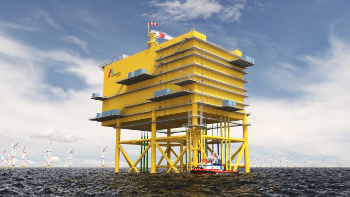 Gelbe Offshore-Plattform im Meer.