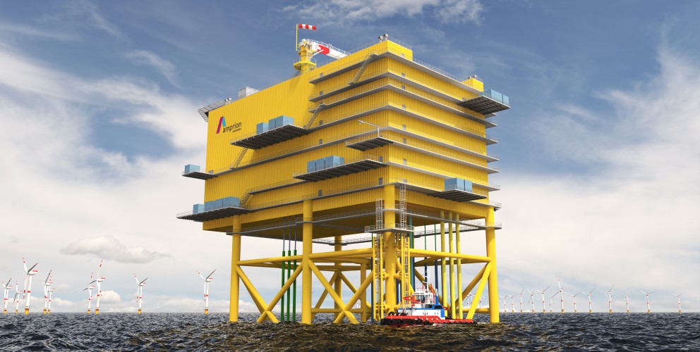 Gelbe Offshore-Plattform im Meer.