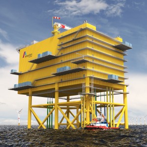 ieses 3D-Rendering zeigt eine Offshore-Konverterplattform von Amprion.
Details:
Die Plattform ist gelb lackiert und trägt das Amprion-Logo.
Sie steht auf einem Gitterfundament über der Wasseroberfläche.
Ein Schlepperboot befindet sich am unteren Rand des Bildes.
Im Hintergrund sind zahlreiche Offshore-Windräder zu sehen.
Eine Windfahne und mehrere Plattformen auf der Anlage deuten auf ihre Nutzung als Energie-Hub hin.